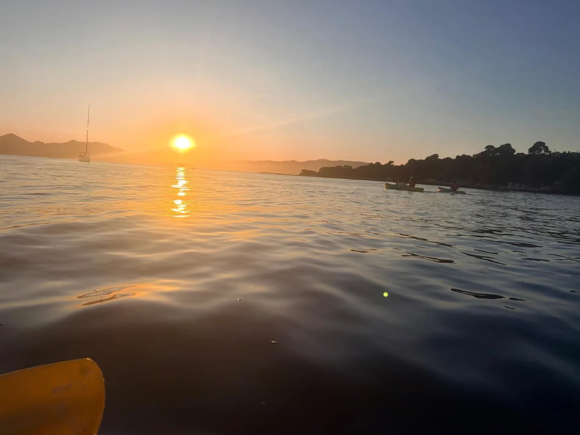 Kayaks au coucher du soleil près d'une île boisée